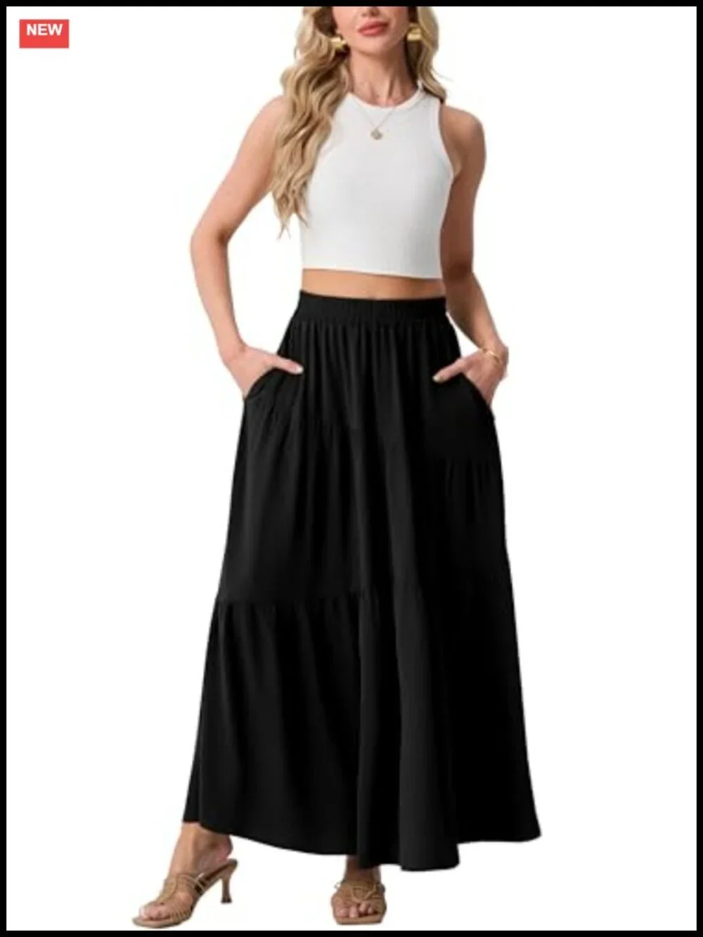 Women's High Waist Maxi Skirt with Pockets Flowy Tiered Boho Casual Lightweight